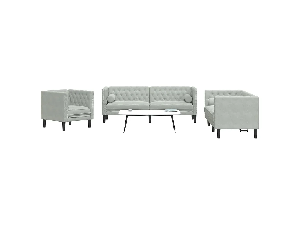 3-tlg. Chesterfield-Sofa-Set mit Nackenrollen Hellgrau Samt