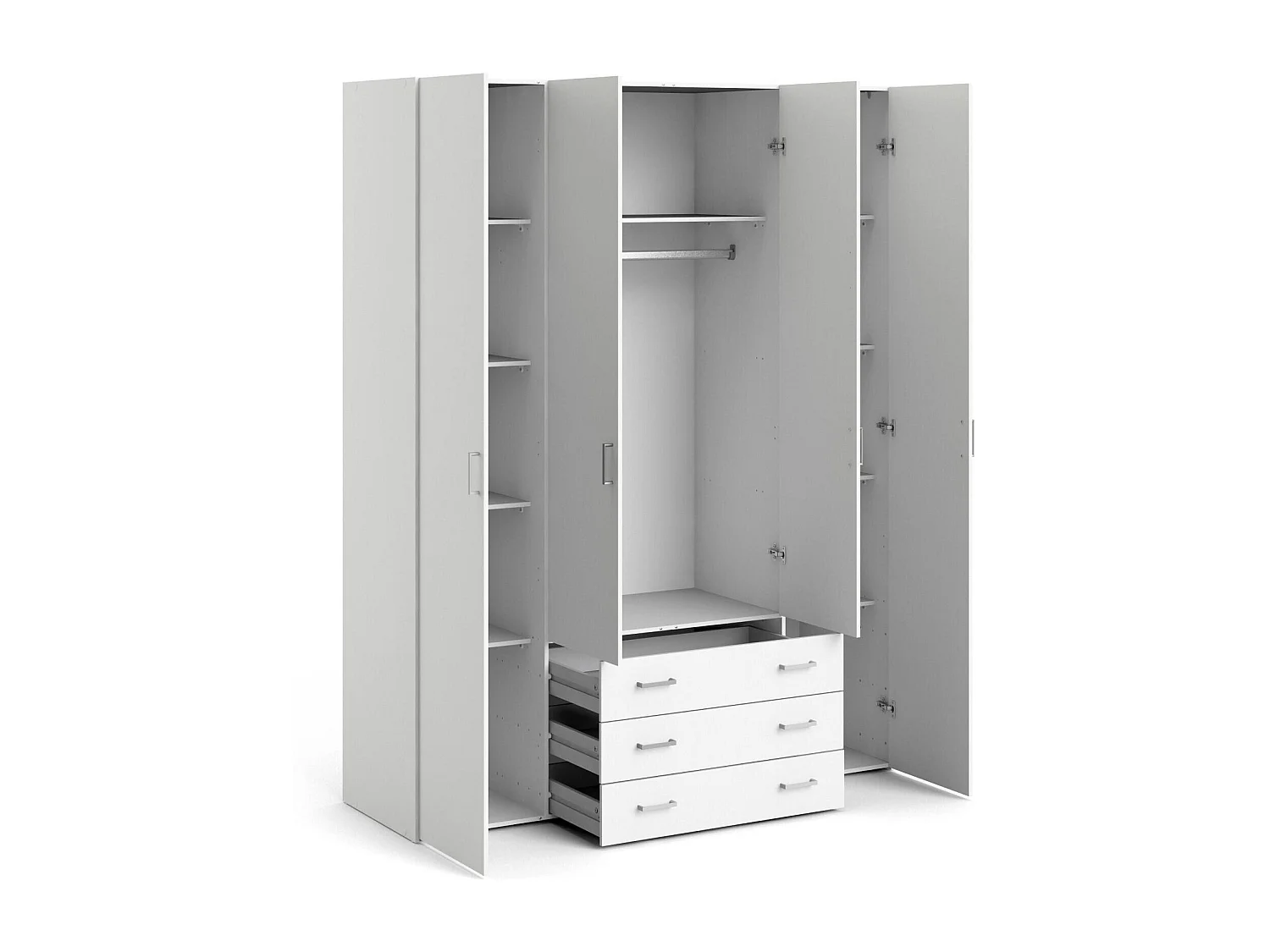 Armario de cuatro puertas y tres cajones, color blanco, Medidas 154 x 200 x 49 cm