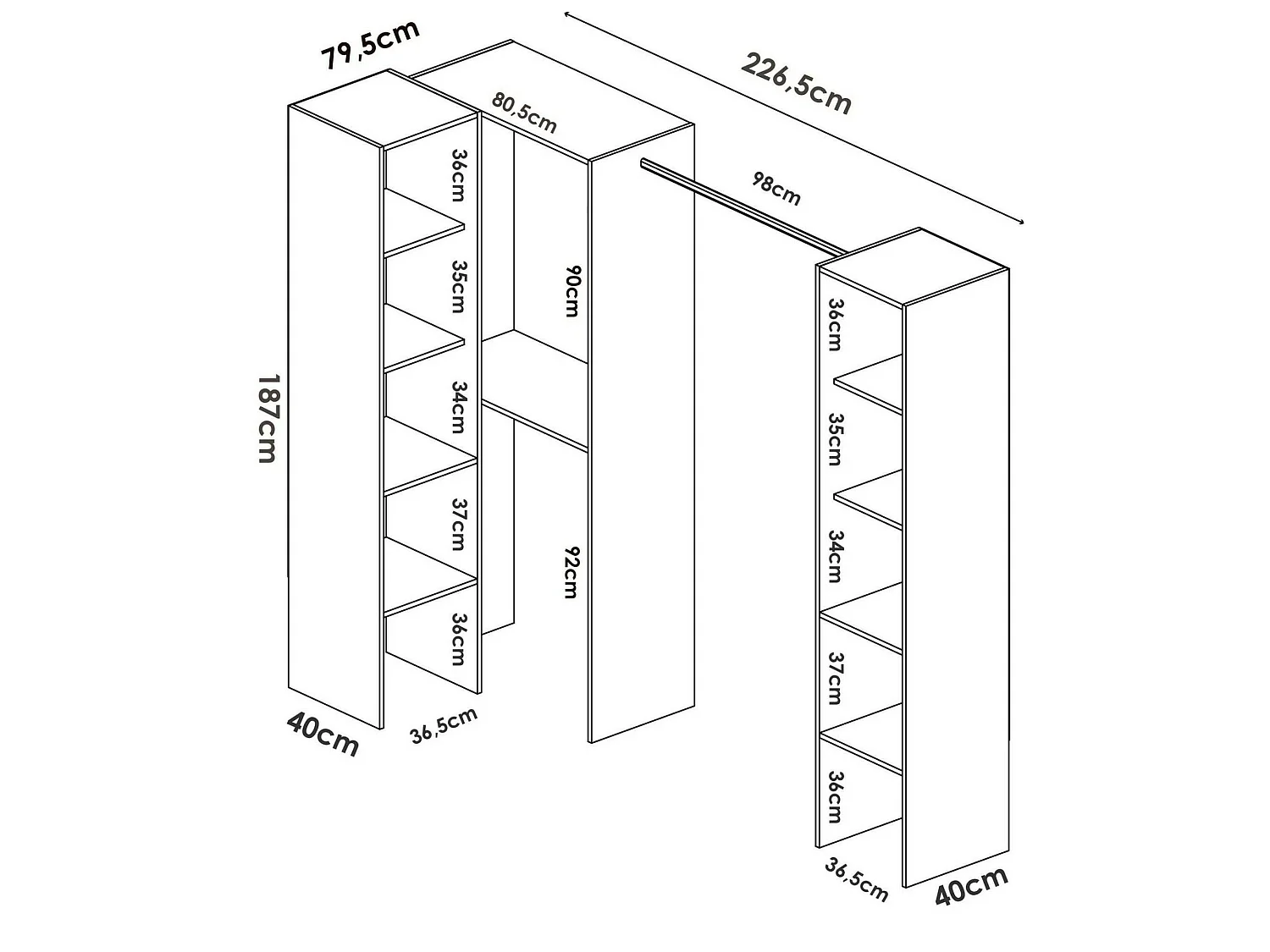 Armoire Dluvumb, Structure pour dressing d'angle, Cintre d'angle ouvert, 226x79h186 cm, Blanc