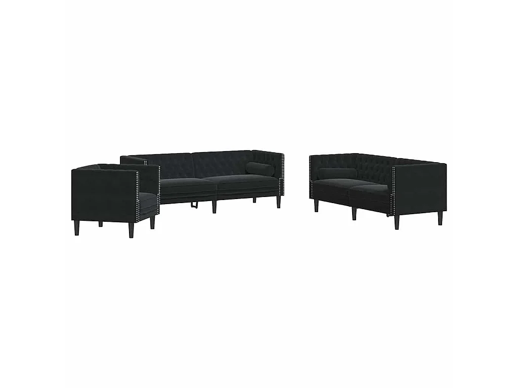 Ensemble de canapé Chesterfield et traversins 3pcs noir velours