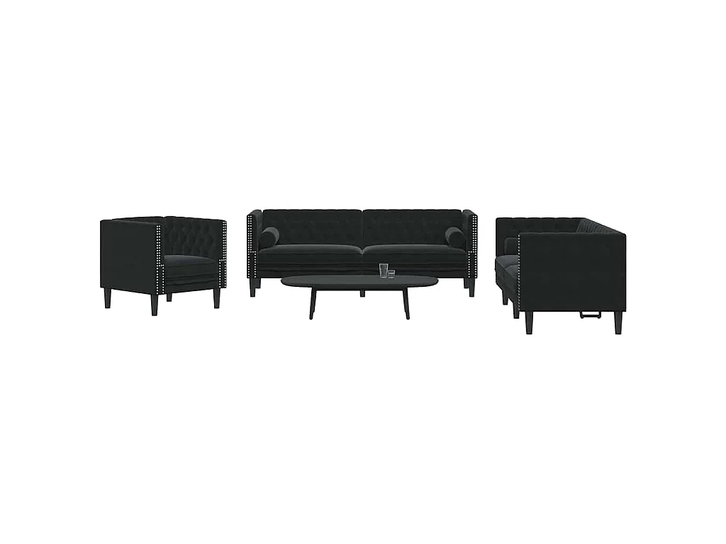 Ensemble de canapé Chesterfield et traversins 3pcs noir velours