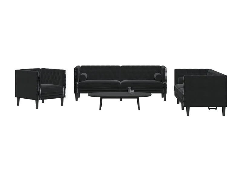 Ensemble de canapé Chesterfield et traversins 3pcs noir velours