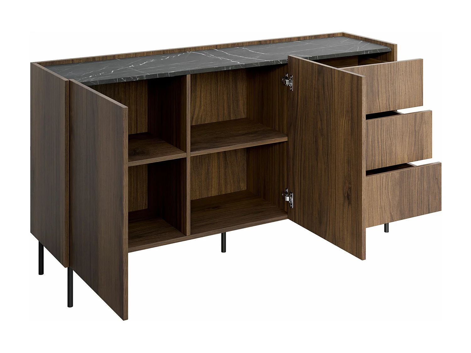 Commode Comfivo Belviro 101, Noyer|Marbre noir, Tiroirs et portes, 78x160x37cm