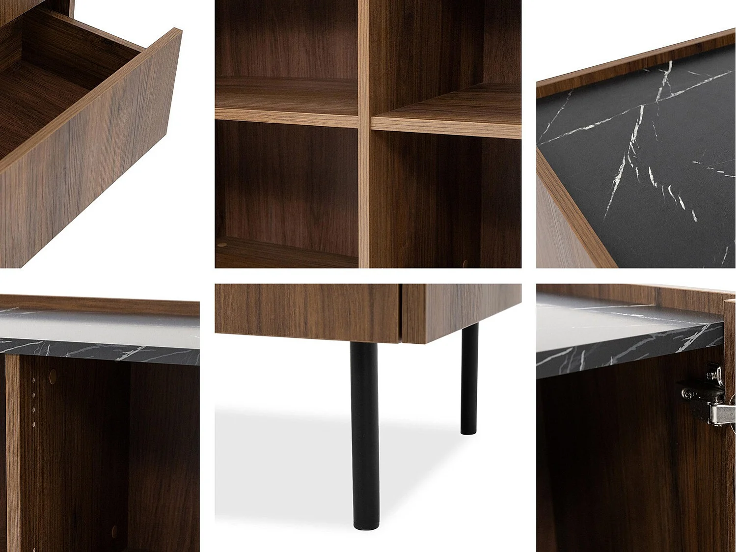 Commode Comfivo Belviro 101, Noyer|Marbre noir, Tiroirs et portes, 78x160x37cm