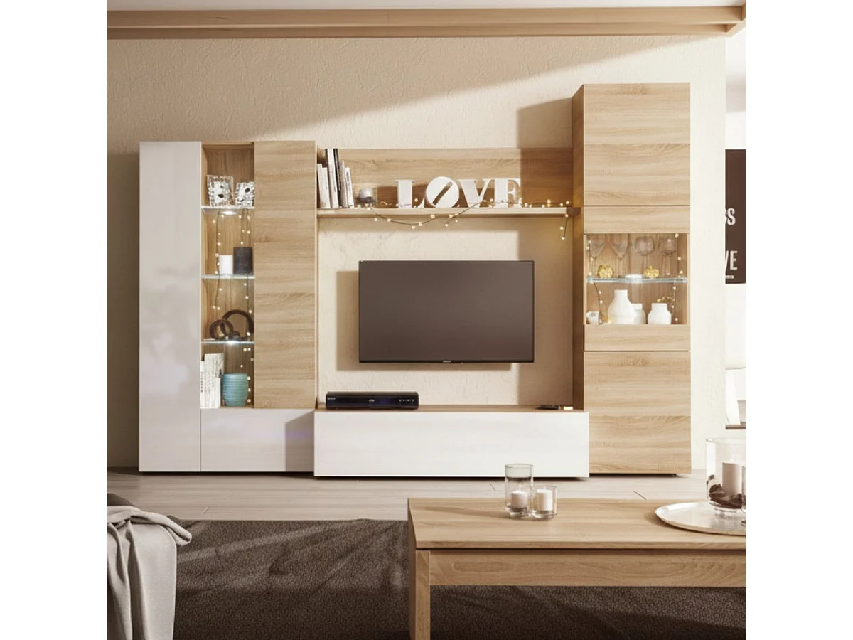 Móvel Completo para Sala Essenttial 260x185 cm Branco Brilhante & Carvalho Canadense com Arrumação e Iluminação LED