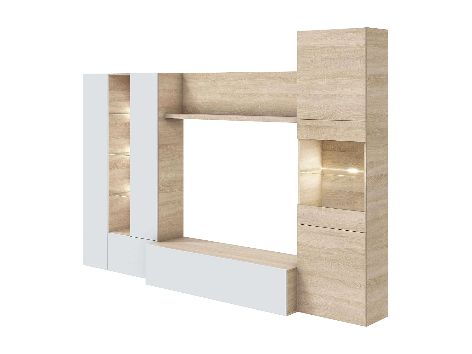 Móvel Completo para Sala Essenttial 260x185 cm Branco Brilhante & Carvalho Canadense com Arrumação e Iluminação LED