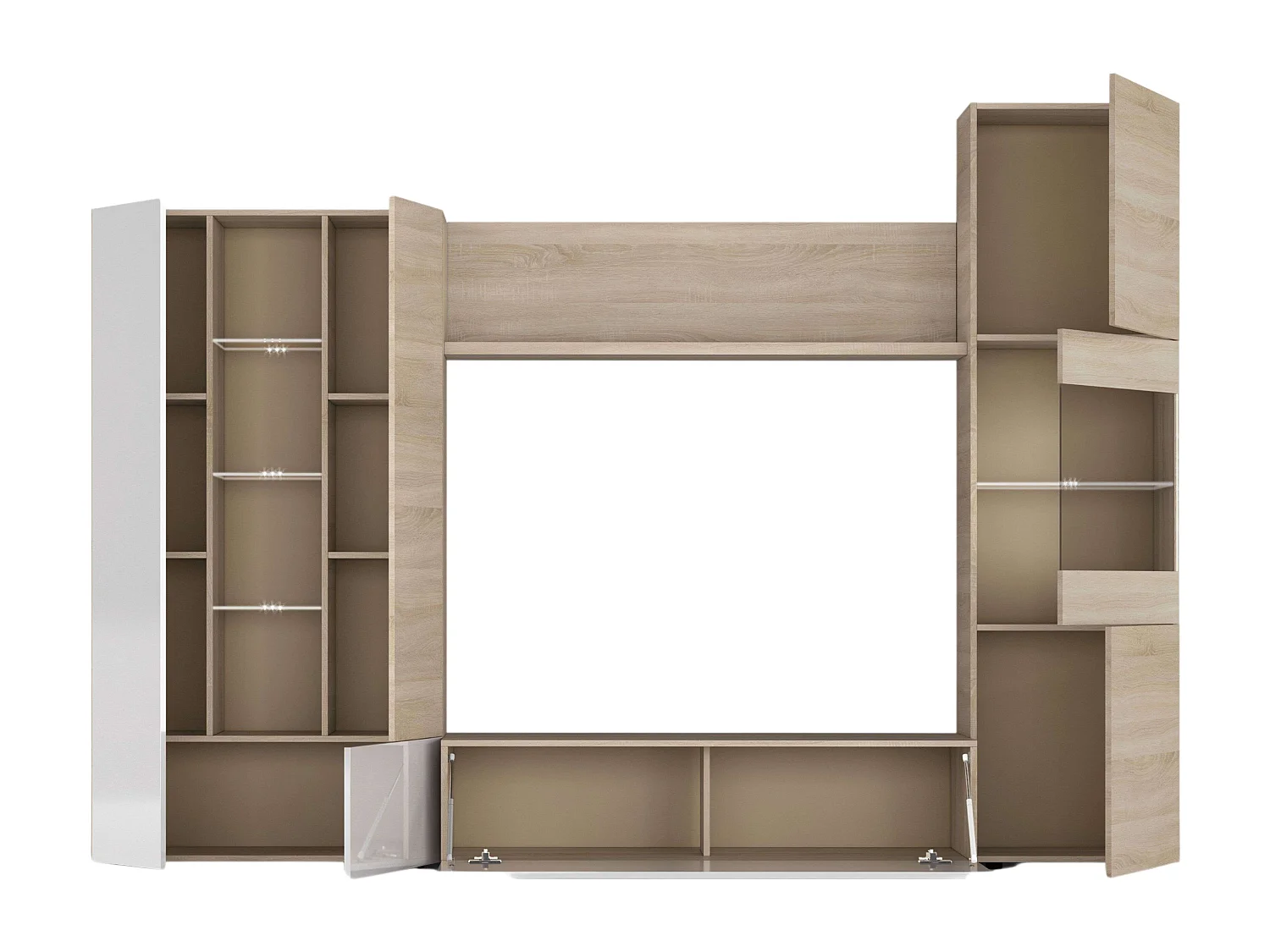 Móvel Completo para Sala Essenttial 260x185 cm Branco Brilhante & Carvalho Canadense com Arrumação e Iluminação LED