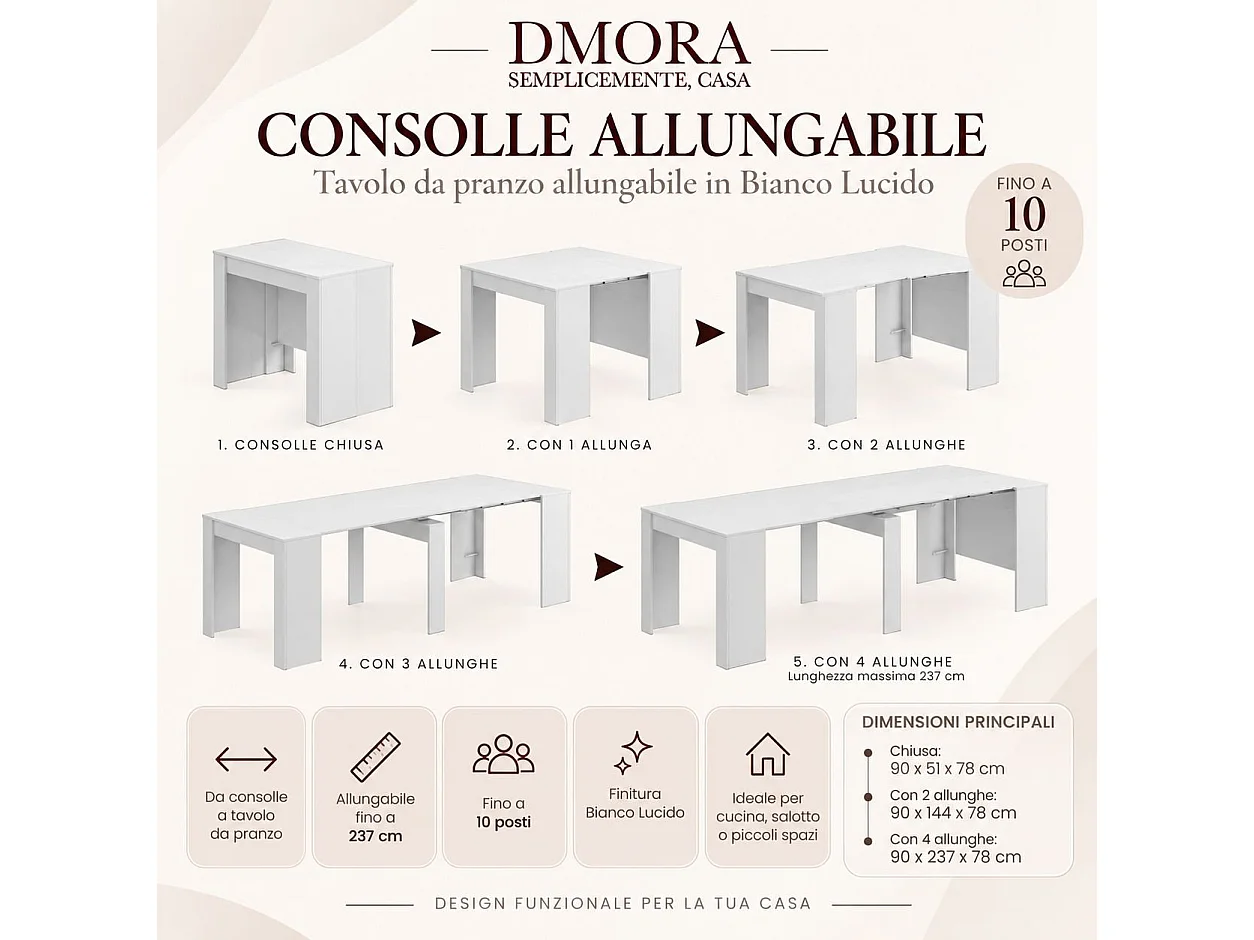 Console Diluna, Table à manger extensible, Table avec rallonges polyvalentes extensible jusqu'à 10 places, 51/237x90h78 cm, Blanc Brillant