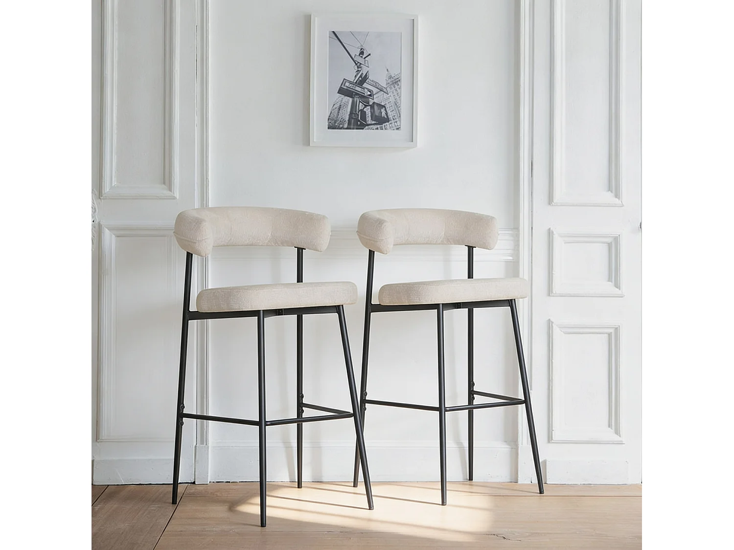 Lot de 2 tabourets de bar en tissu beige THEA - HAPPY GARDEN