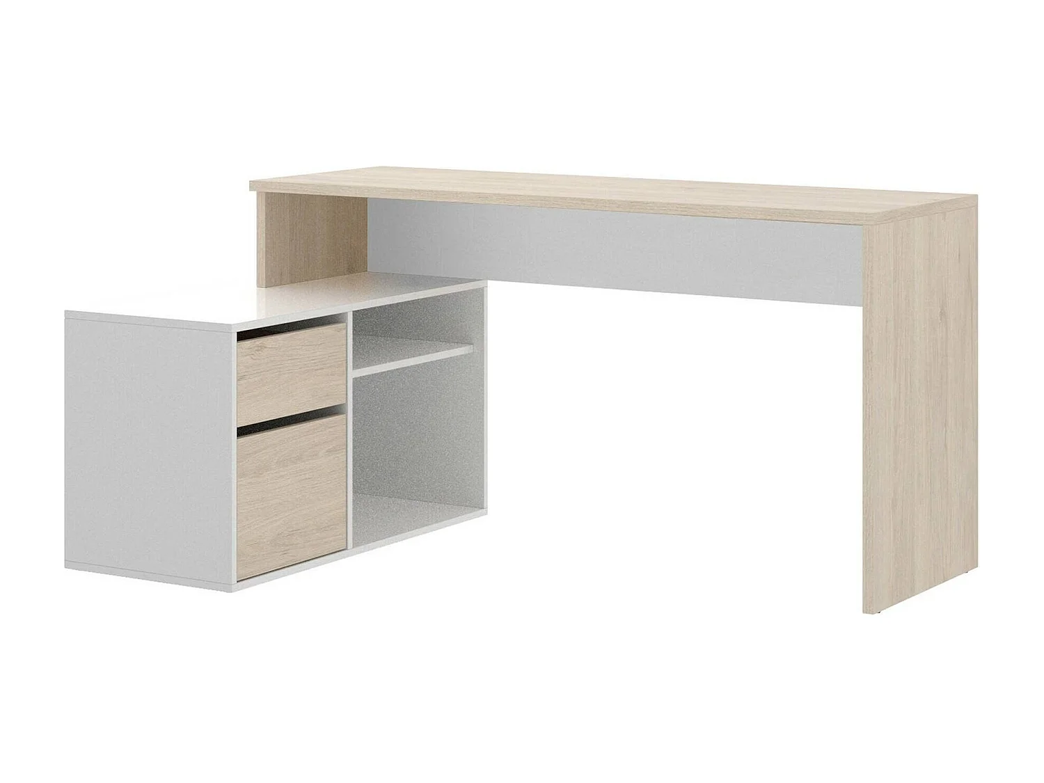 Bureau Ddiaw, Bureau multi-positions pour le bureau ou la chambre, Table d'étude d'angle polyvalente, 139x92h75 cm, Blanc et Chêne