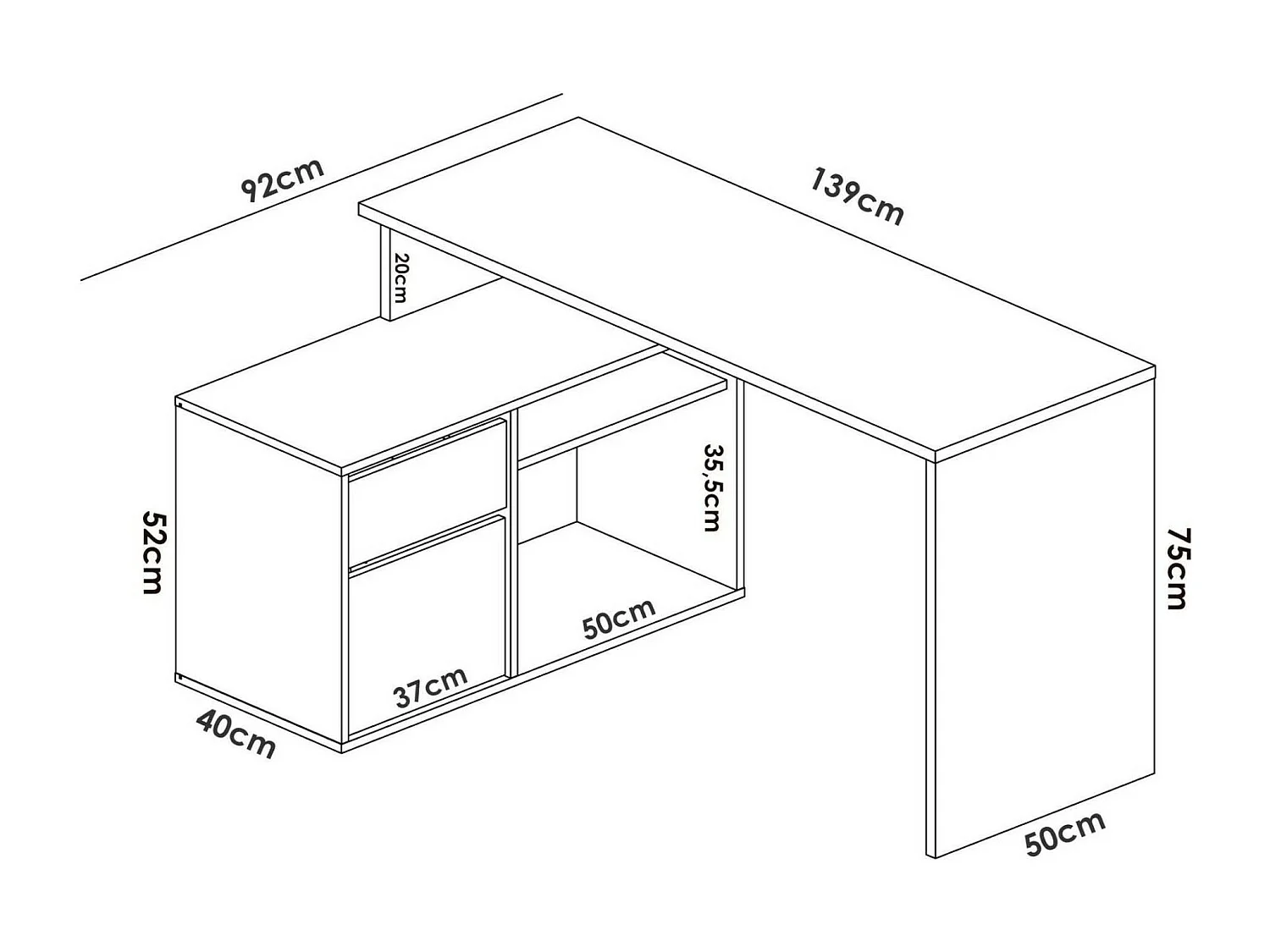 Bureau Ddiaw, Bureau multi-positions pour le bureau ou la chambre, Table d'étude d'angle polyvalente, 139x92h75 cm, Blanc et Chêne
