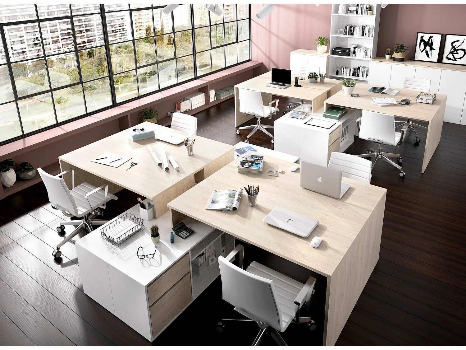 Bureau Ddiaw, Bureau multi-positions pour le bureau ou la chambre, Table d'étude d'angle polyvalente, 139x92h75 cm, Blanc et Chêne