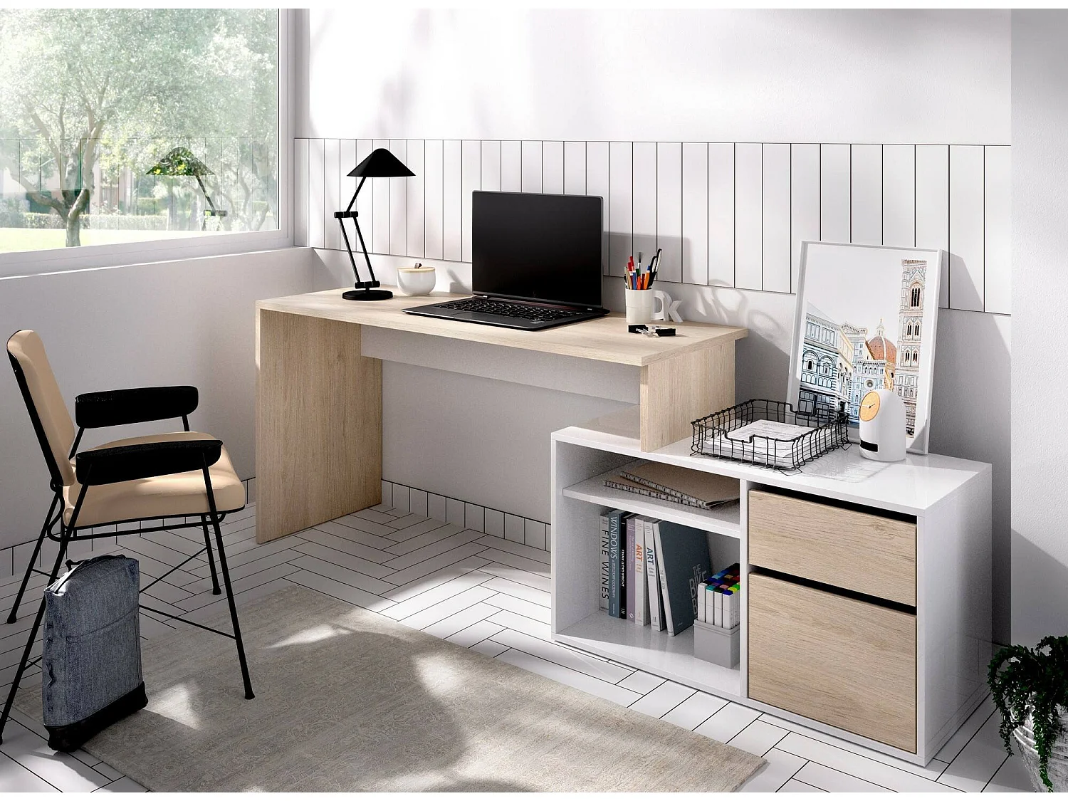 Bureau Ddiaw, Bureau multi-positions pour le bureau ou la chambre, Table d'étude d'angle polyvalente, 139x92h75 cm, Blanc et Chêne