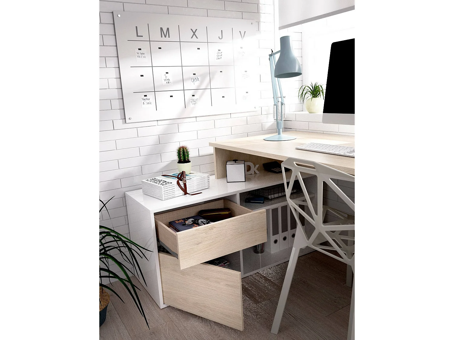 Bureau Ddiaw, Bureau multi-positions pour le bureau ou la chambre, Table d'étude d'angle polyvalente, 139x92h75 cm, Blanc et Chêne