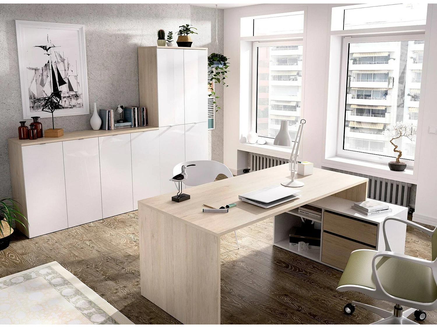 Bureau Ddiaw, Bureau multi-positions pour le bureau ou la chambre, Table d'étude d'angle polyvalente, 139x92h75 cm, Blanc et Chêne