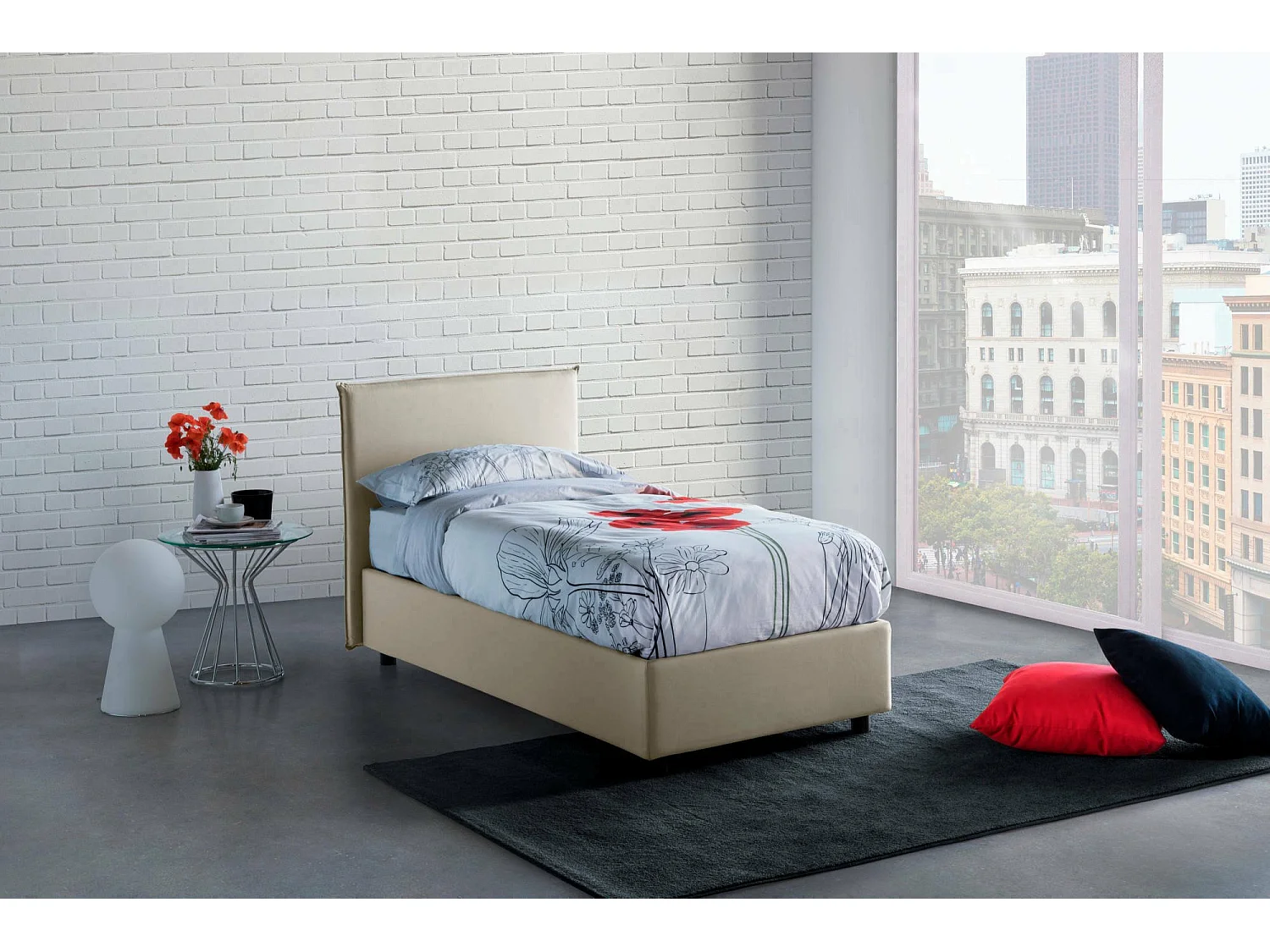 Lit simple Dbaston, Lit coffre avec revêtement en tissu, 100% Made in Italy, Ouverture frontale, avec matelas 90x200 cm inclus, Beige