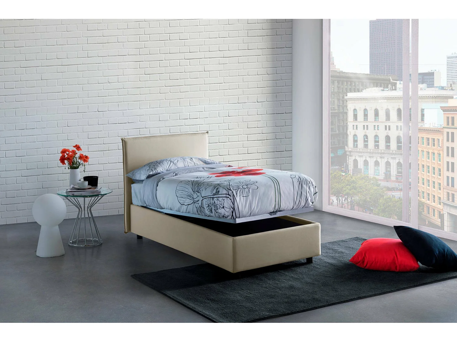 Lit simple Dbaston, Lit coffre avec revêtement en tissu, 100% Made in Italy, Ouverture frontale, avec matelas 90x200 cm inclus, Beige