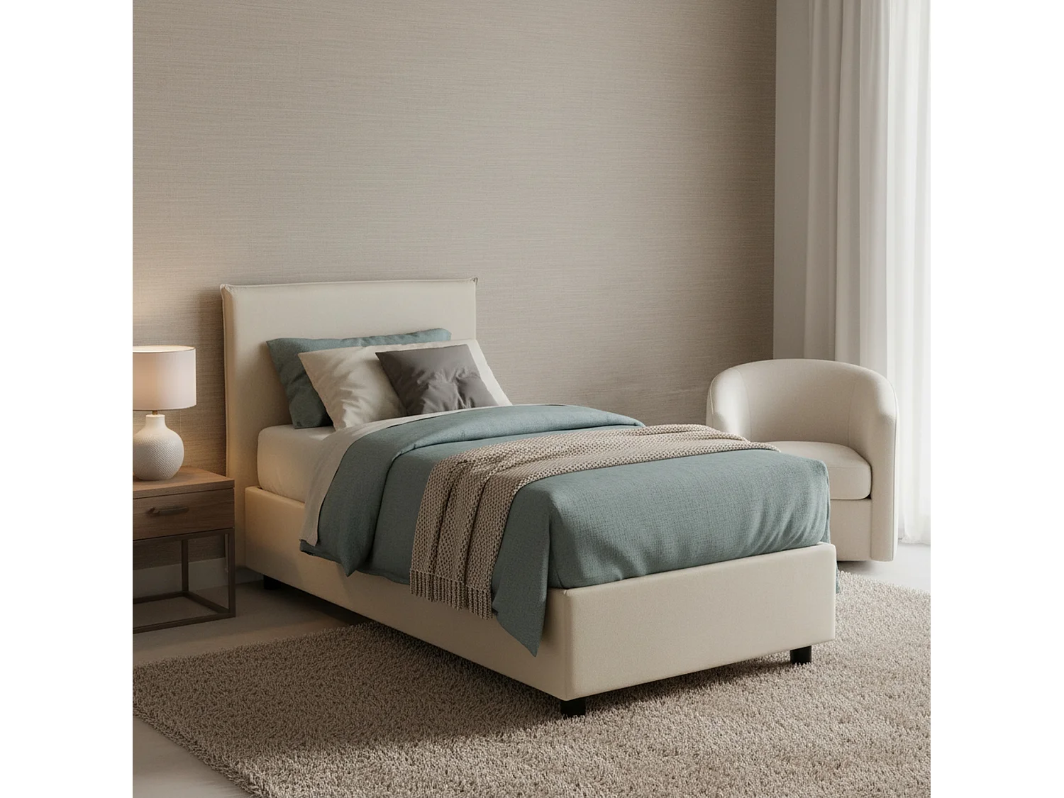 Lit simple Dbaston, Lit coffre avec revêtement en tissu, 100% Made in Italy, Ouverture frontale, avec matelas 90x200 cm inclus, Beige