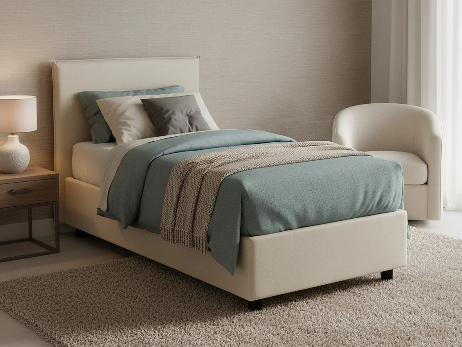 Lit simple Dbaston, Lit coffre avec revêtement en tissu, 100% Made in Italy, Ouverture frontale, avec matelas 90x200 cm inclus, Beige