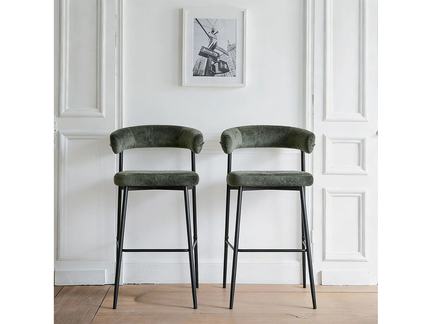 Lot de 2 tabourets de bar en tissu vert THEA - HAPPY GARDEN