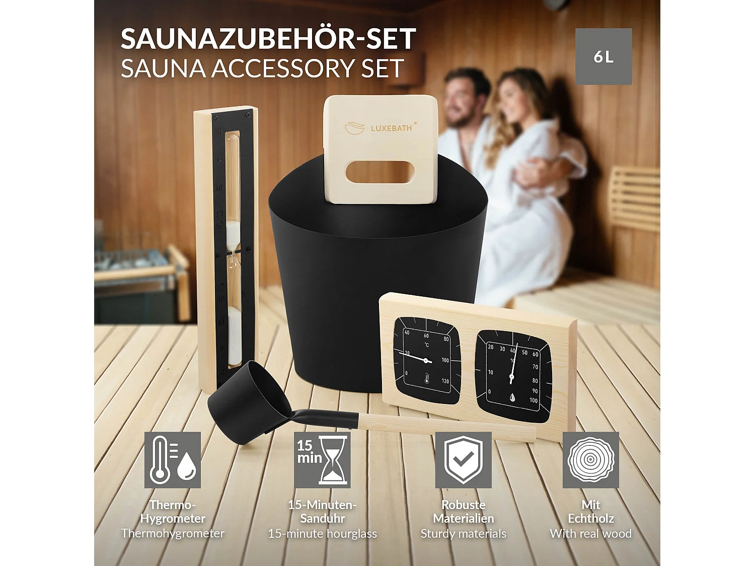 Lot 4 accessoires pour sauna noir en aluminium et bois naturel seau 6 L louche à manche thermo hygromètre et sablier 15 de minutes équipement durable