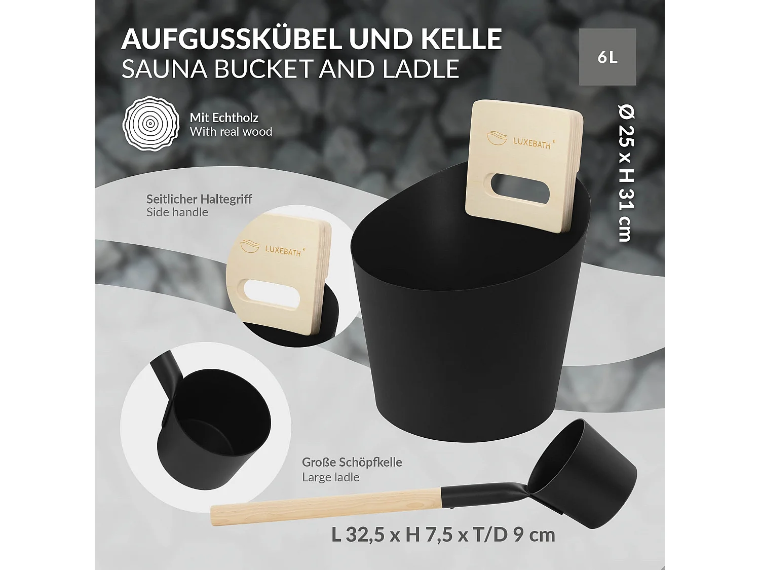 Lot 4 accessoires pour sauna noir en aluminium et bois naturel seau 6 L louche à manche thermo hygromètre et sablier 15 de minutes équipement durable