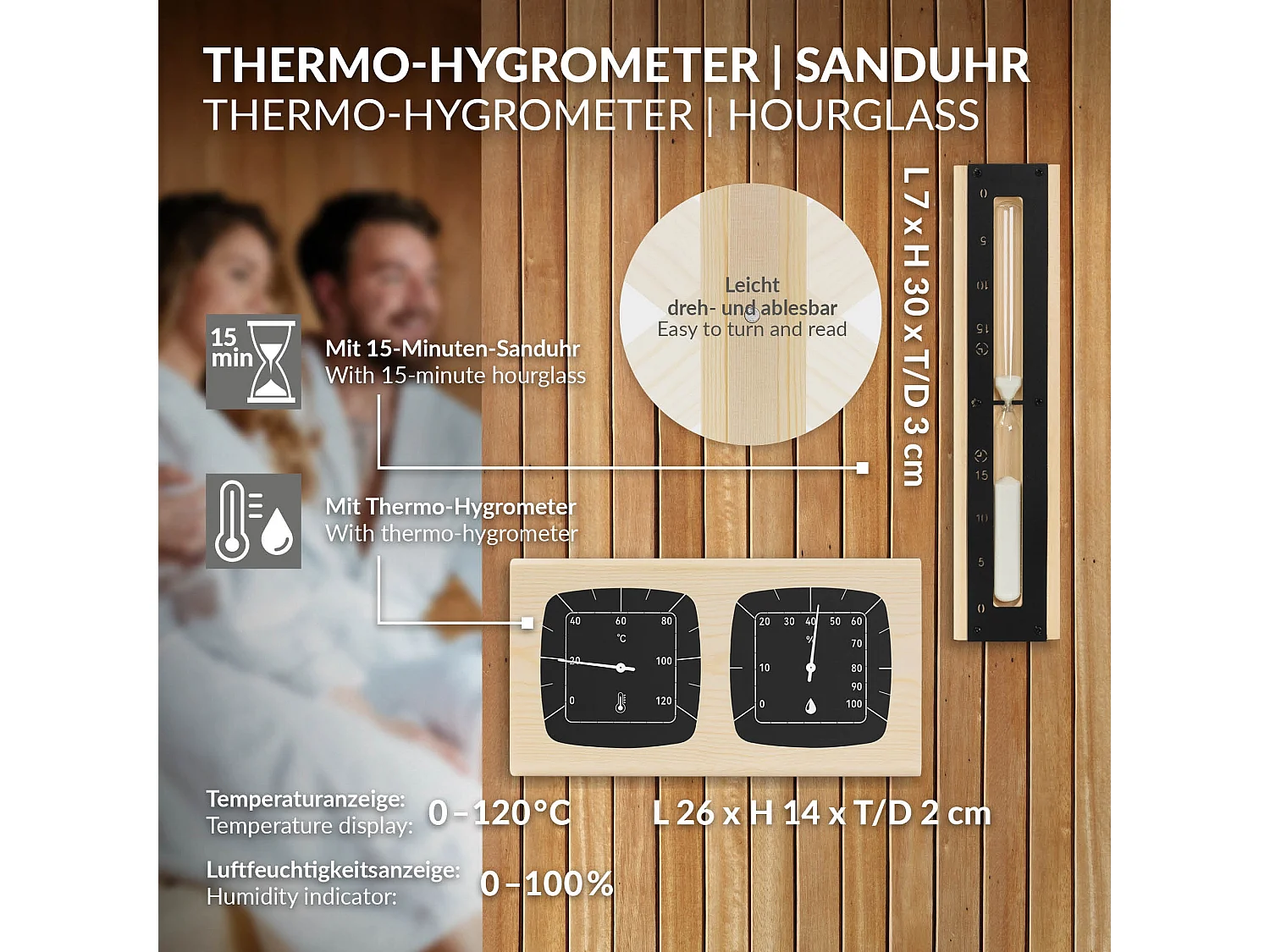 Lot 4 accessoires pour sauna noir en aluminium et bois naturel seau 6 L louche à manche thermo hygromètre et sablier 15 de minutes équipement durable