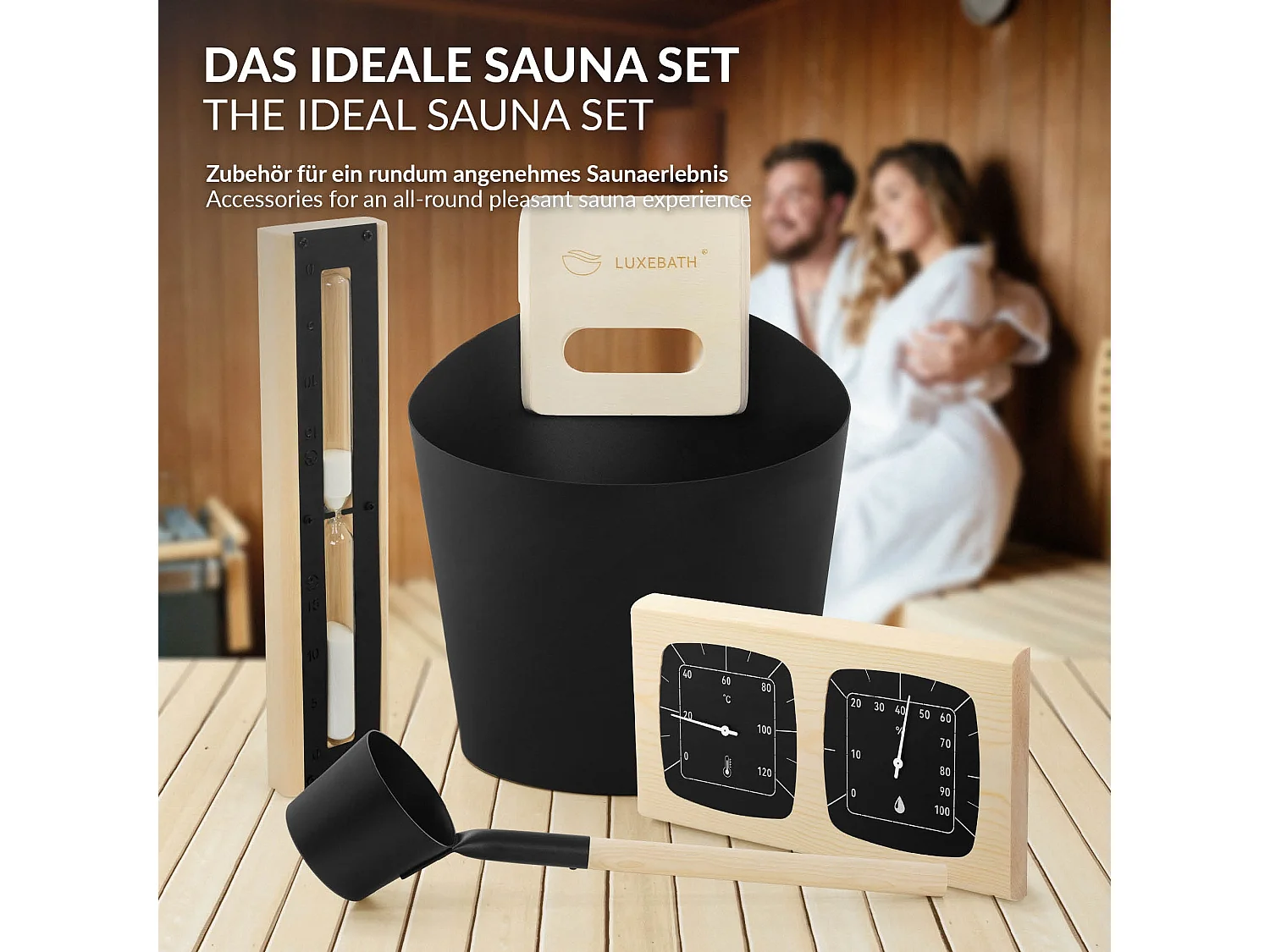 Lot 4 accessoires pour sauna noir en aluminium et bois naturel seau 6 L louche à manche thermo hygromètre et sablier 15 de minutes équipement durable