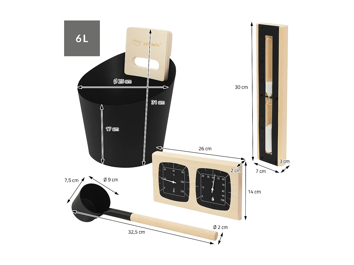 Lot 4 accessoires pour sauna noir en aluminium et bois naturel seau 6 L louche à manche thermo hygromètre et sablier 15 de minutes équipement durable