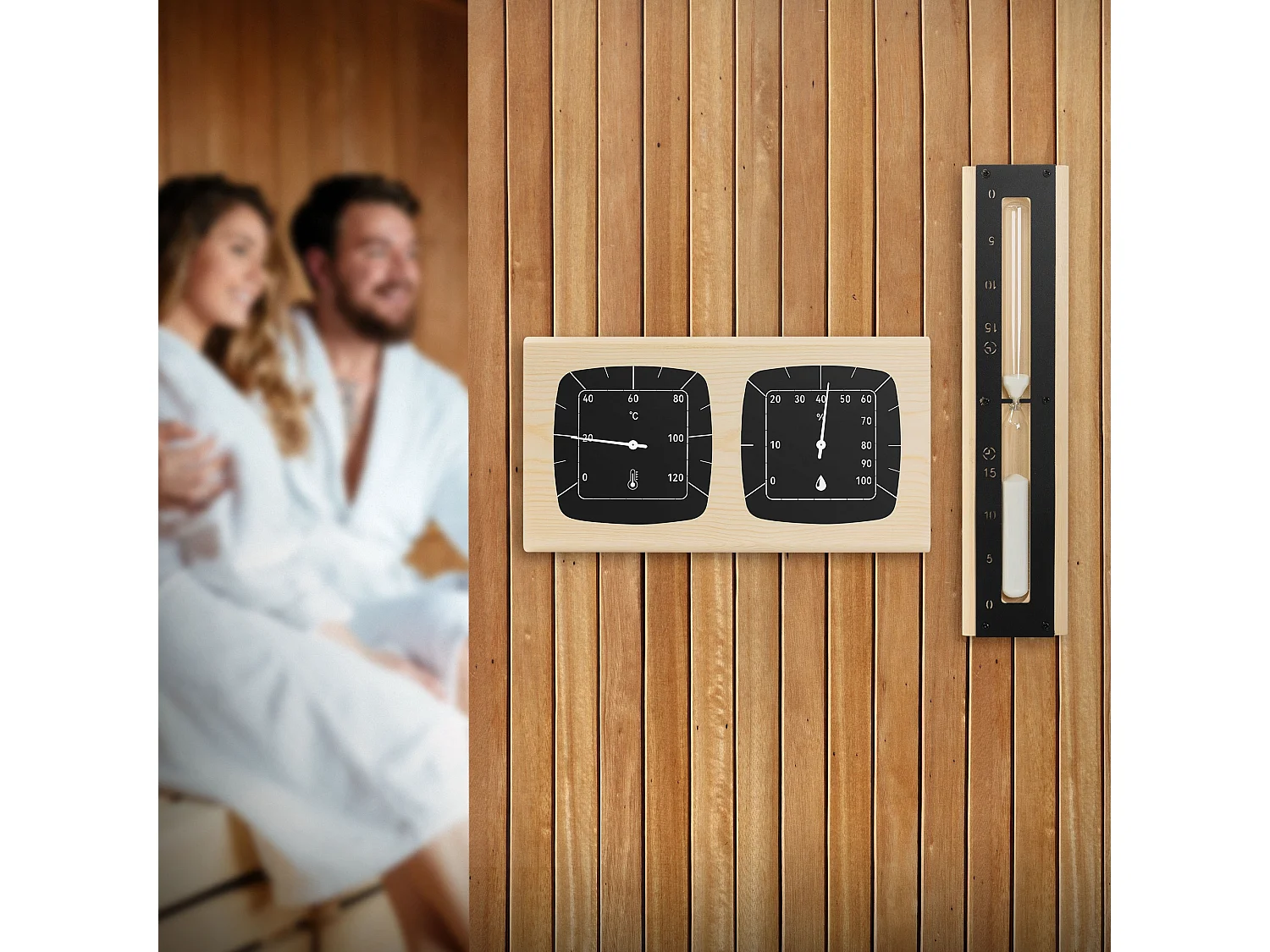 Lot 4 accessoires pour sauna noir en aluminium et bois naturel seau 6 L louche à manche thermo hygromètre et sablier 15 de minutes équipement durable