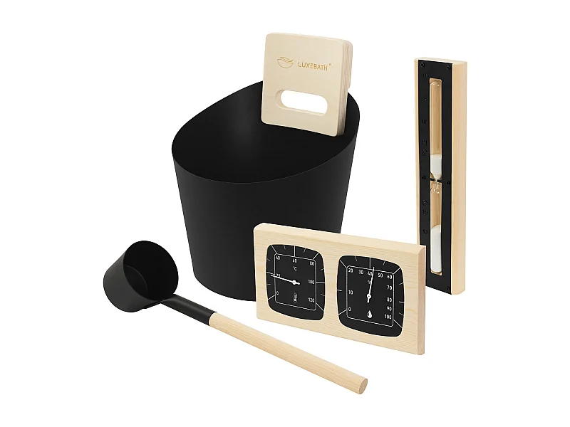 Lot 4 accessoires pour sauna noir en aluminium et bois naturel seau 6 L louche à manche thermo hygromètre et sablier 15 de minutes équipement durable