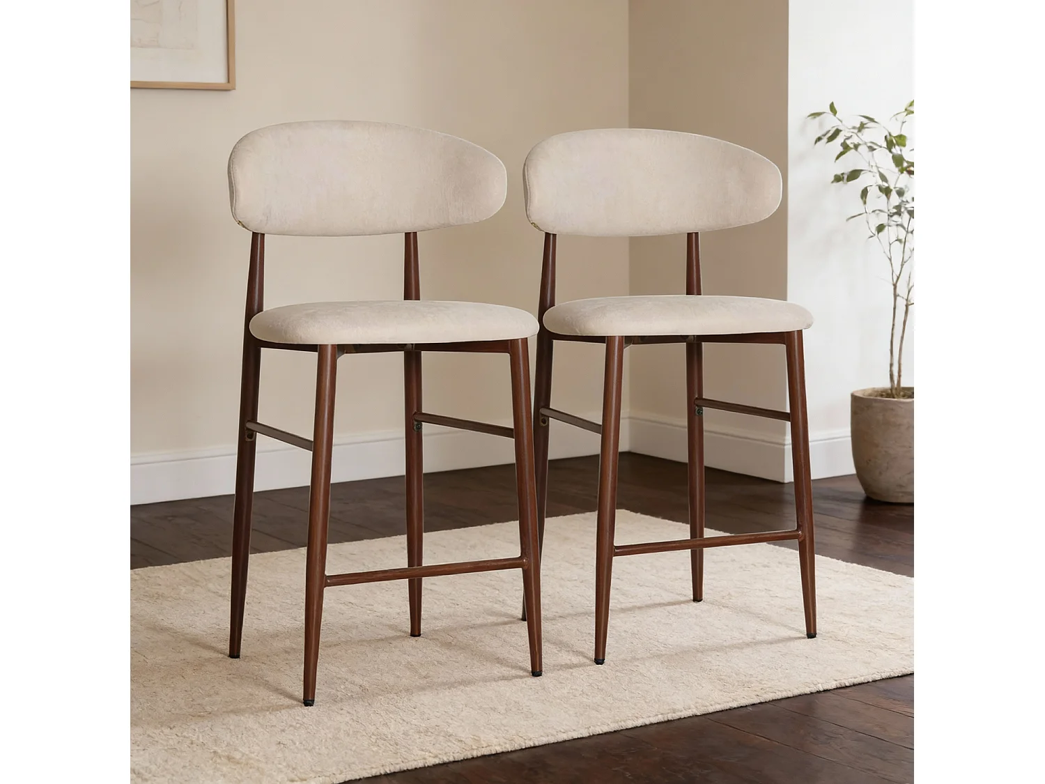 Set van 2 metalen barkrukken met beige en donker houteffect SIMON