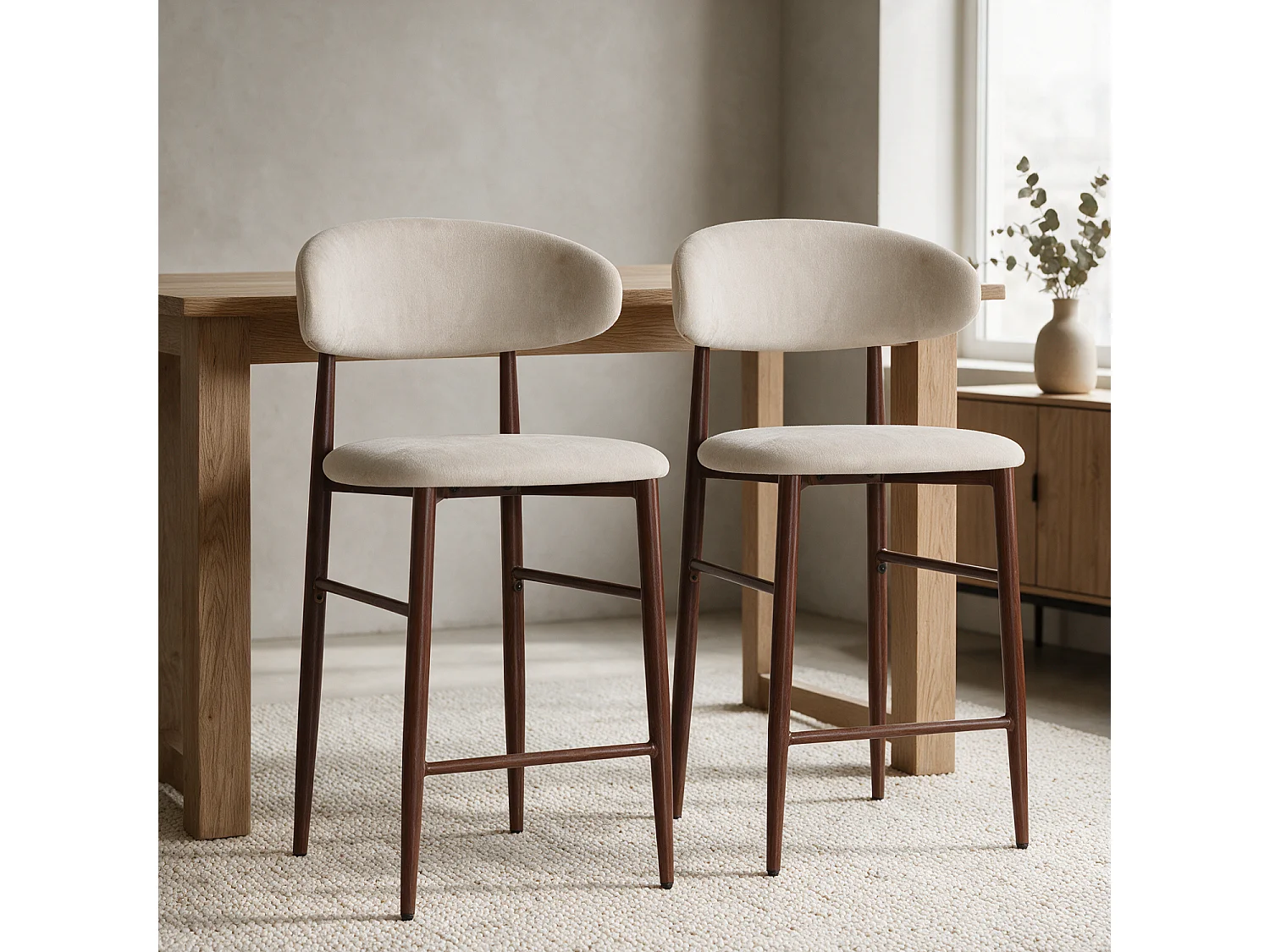 Lot de 2 tabourets de bar beige et métal effet bois foncé SIMON - HAPPY GARDEN