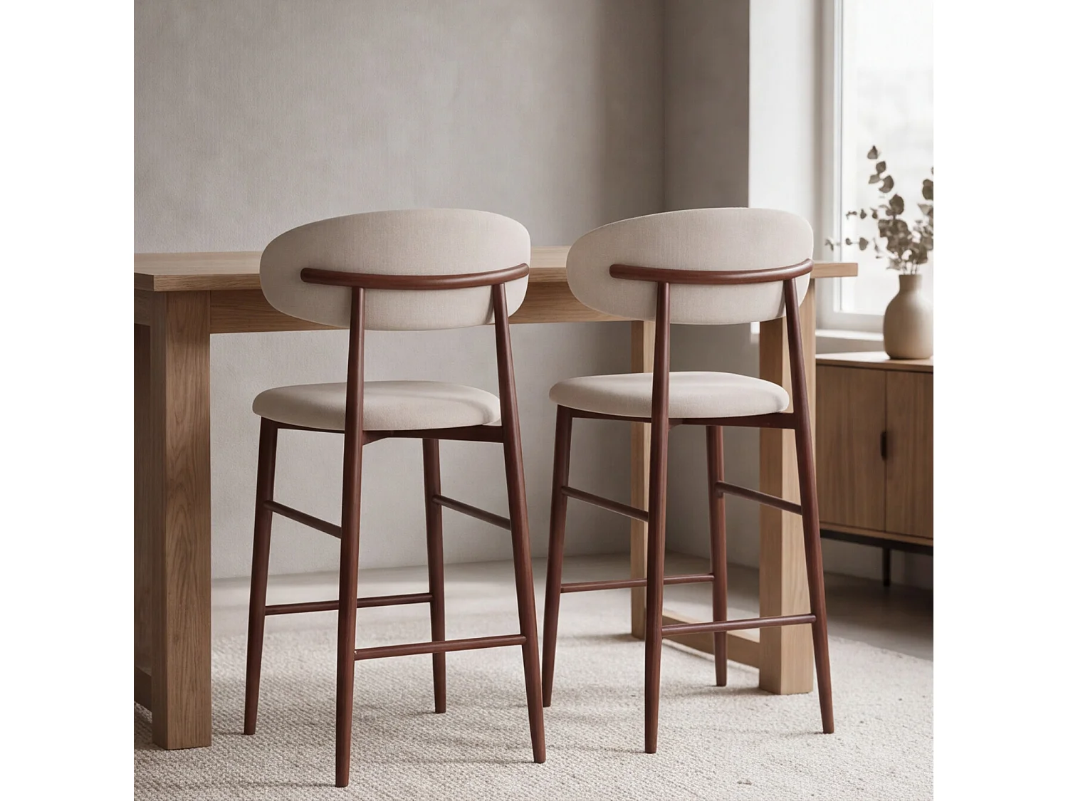 Lot de 2 tabourets de bar beige et métal effet bois foncé SIMON - HAPPY GARDEN