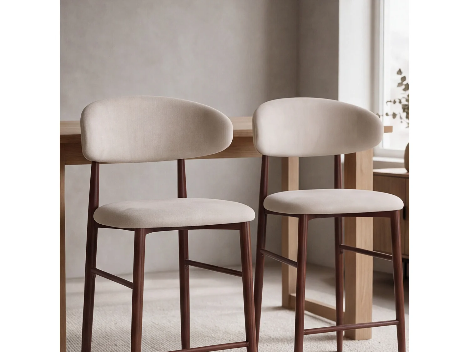Lot de 2 tabourets de bar beige et métal effet bois foncé SIMON - HAPPY GARDEN