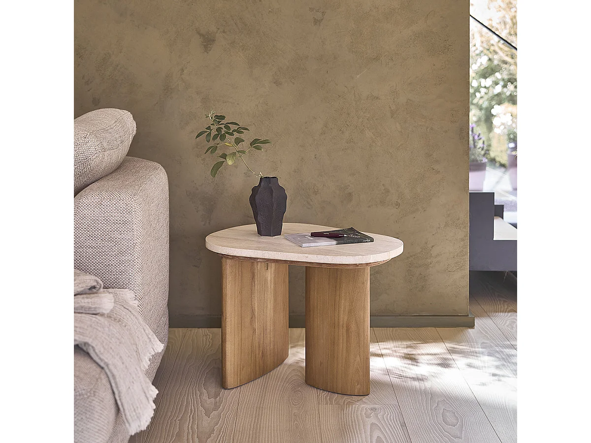 Mesa auxiliar de teca maciza y mármol orgánico