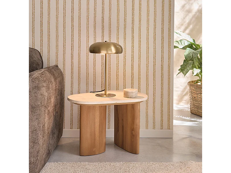 Mesa auxiliar de teca maciza y mármol orgánico