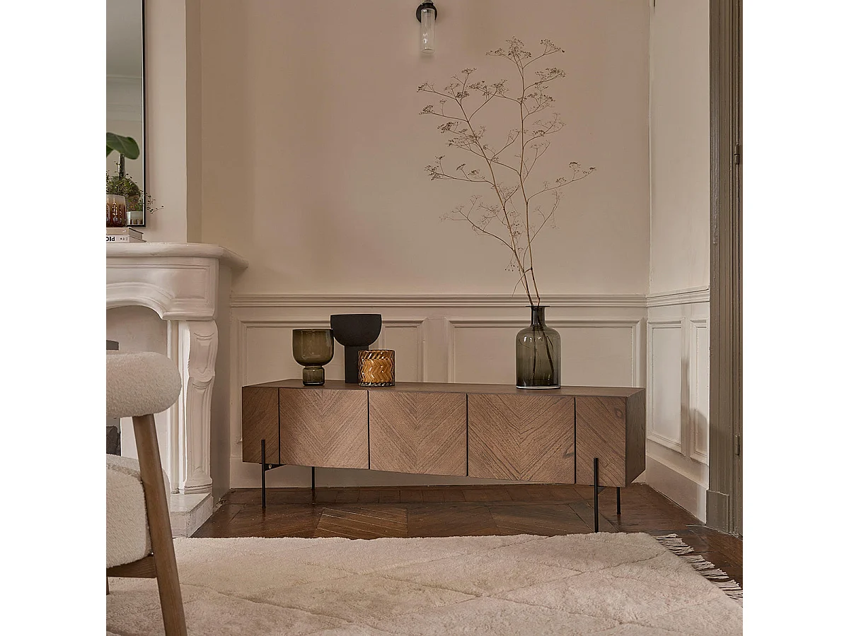 Mueble de TV de mindi macizo con patas de metal 160 cm