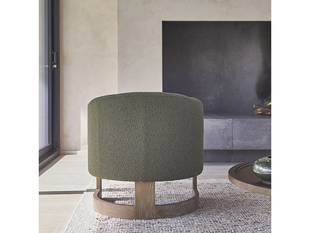 Fauteuil en chêne massif et tissu bouclette kaki