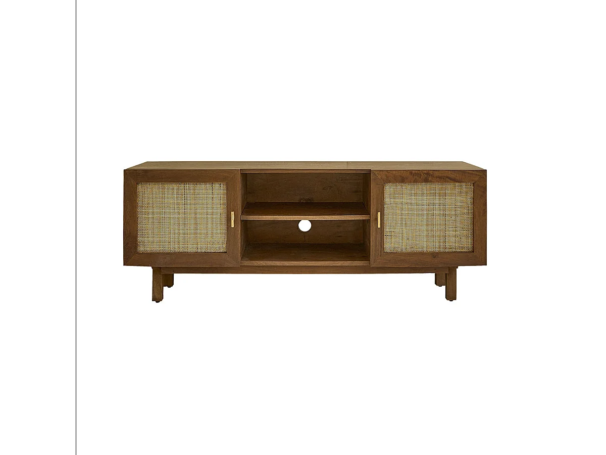 Meuble TV en bois massif et cannage 140 cm