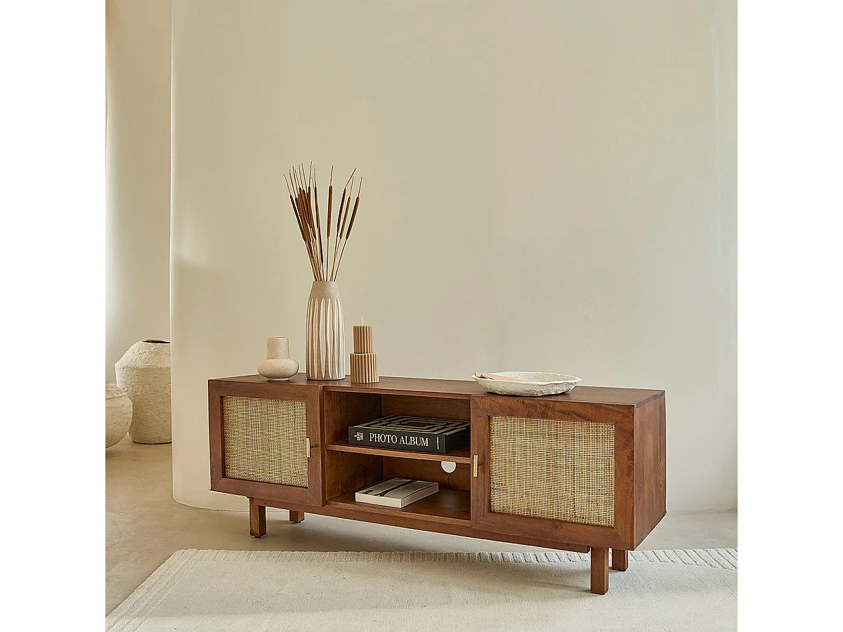 Meuble TV en bois massif et cannage 140 cm