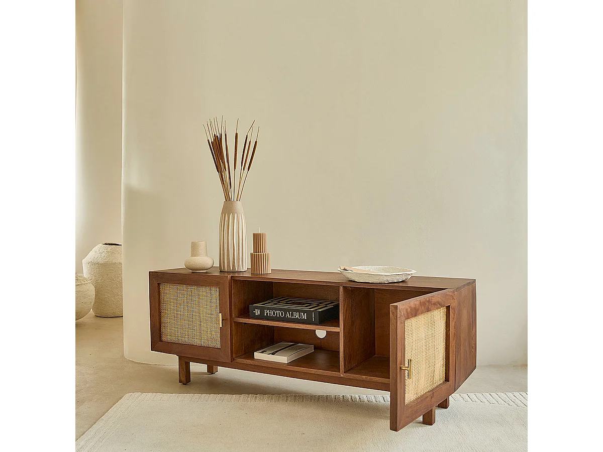 Meuble TV en bois massif et cannage 140 cm