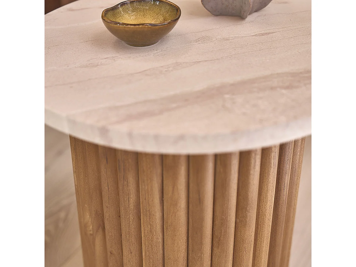 Mesa auxiliar redonda de teca maciza y mármol