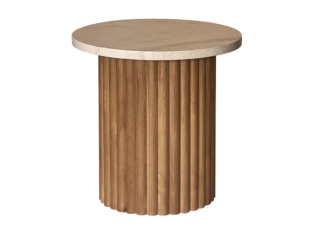 Mesa auxiliar redonda de teca maciza y mármol