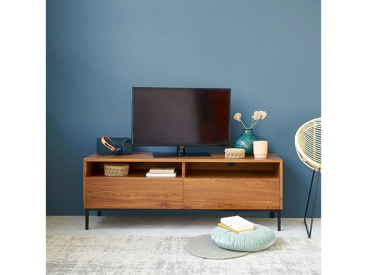 Meuble TV en bois de teck 140 cm 2 tiroirs