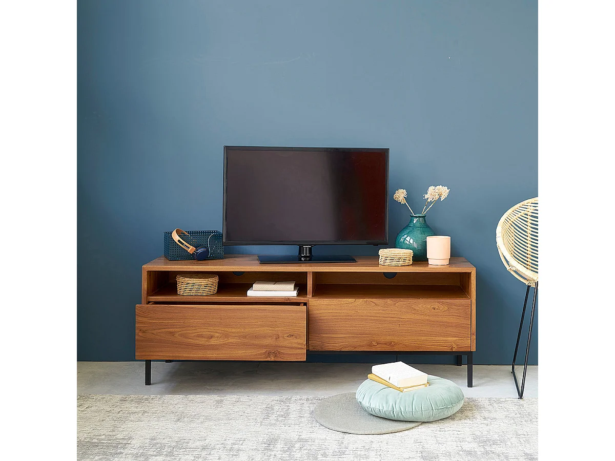 Meuble TV en bois de teck 140 cm 2 tiroirs