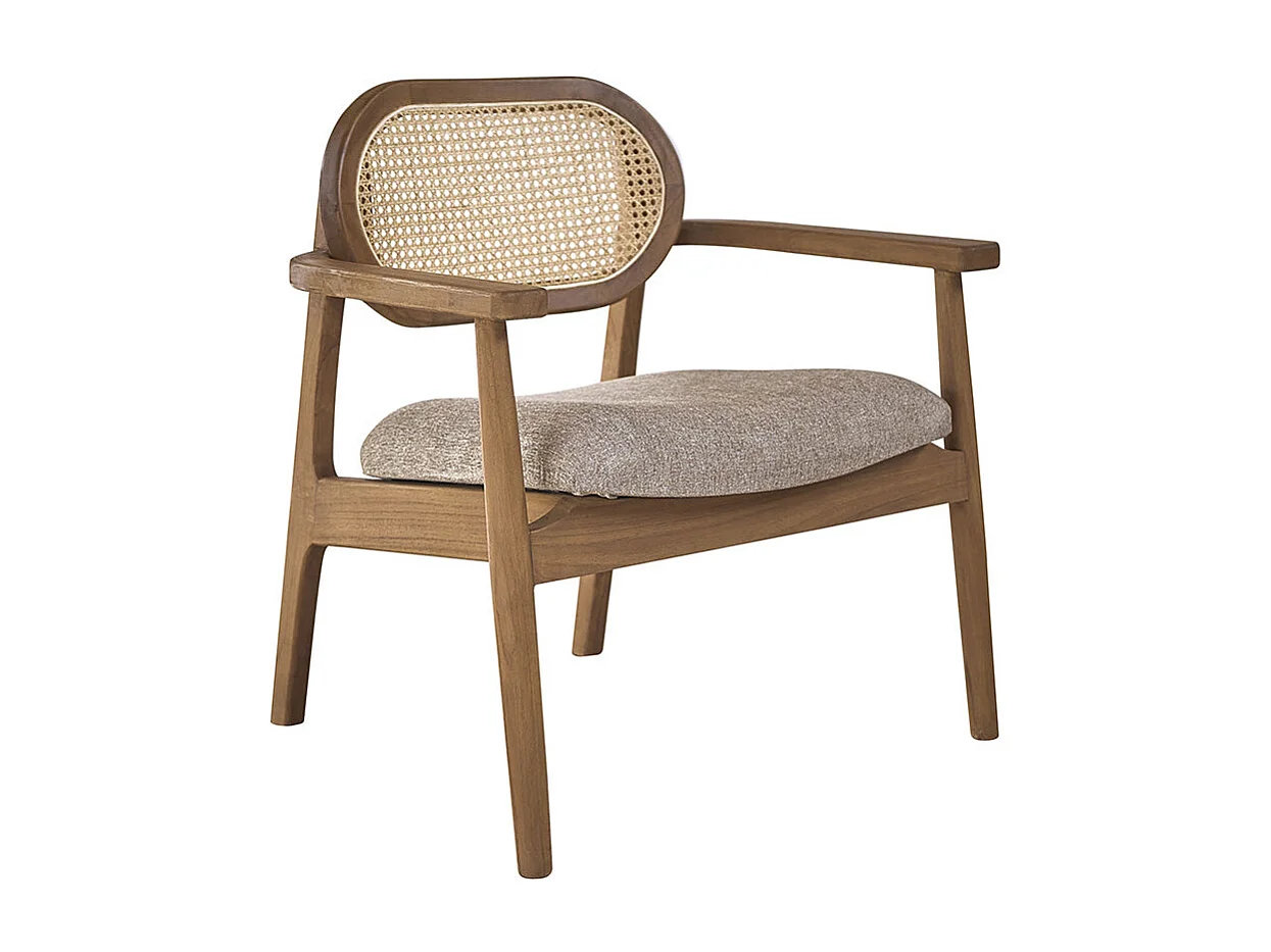 Fauteuil en teck massif, cannage et tissu