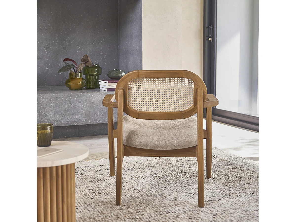 Fauteuil en teck massif, cannage et tissu