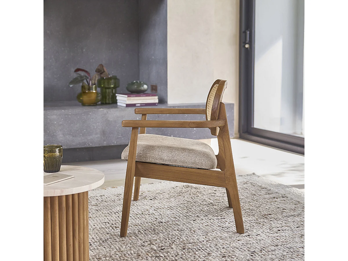 Fauteuil en teck massif , cannage et tissu