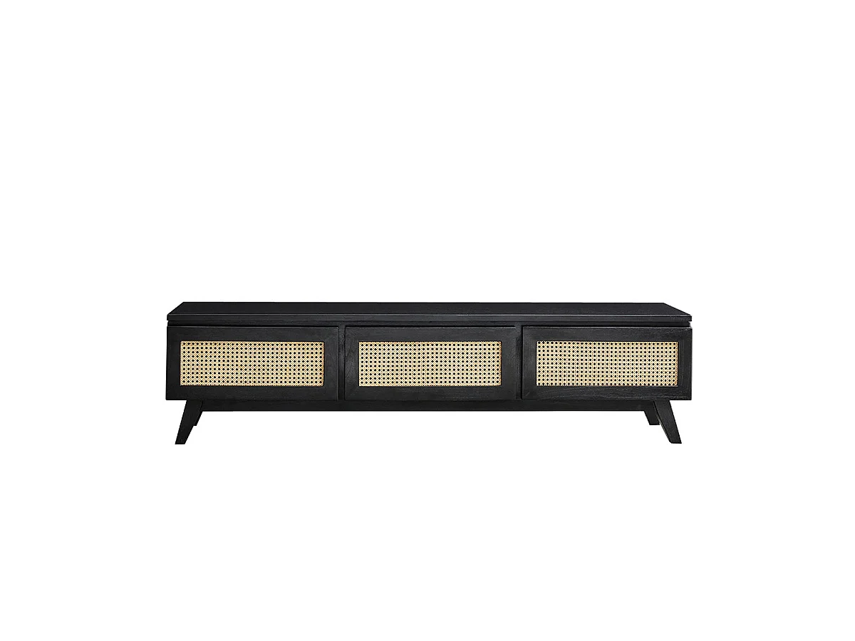 Mueble de TV de mindi macizo y rejilla 3 puertas 160 cm negro